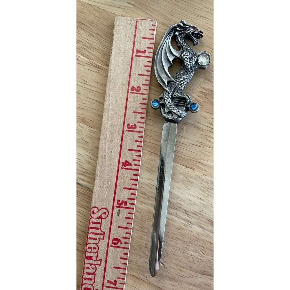 Sunglo 1990 Metal Dragon Letter Opener‎ And Holder With Rhinestones